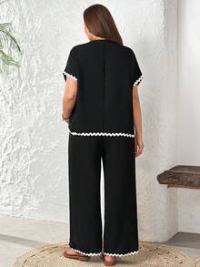 EMERY ROSE Ensemble 2 pièces grande taille, chemise et pantalon décontracté avec garniture tissée, pour les vacances - Noir - Voir 3