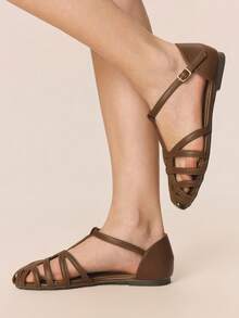 Styleloop Women's Flat Sandals With Hollow Toe, T-Strap, Ankle Strap, Woven Strap, Comfortable Slip-On Sandals, Brown Faux Leather, Suitable For Outdoor, Vacation Holiday Travel Essential Boho Cowgirl Outfit Coachella - Brown - View 5