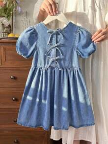 LMoss Kids 女童蓝色牛仔泡泡袖蝴蝶结连衣裙 - 淺色水洗藍 - 查看 11