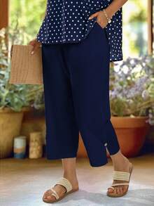 EMERY ROSE Plus Size Casual Solid Color Tapered Pants,Summer Outfits For Women - Navy Blue - View 4