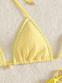Swim Mod 度假沙滩撞色镶边比基尼套装 系带比基尼 贝壳比基尼 度假比基尼 日光浴比基尼 黄色比基尼 三角比基尼 比基尼款式 女士比基尼套装 女士沙滩装 女士泳衣 女士泳装 - 淡黃色 - 查看 4