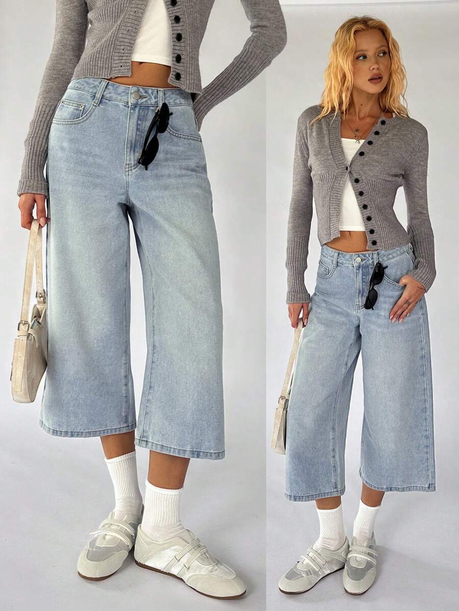 SHEIN TRNDY Quần jeans ống lửng 7/8, cạp thấp, kiểu dáng thời trang, dáng casual, có túi xéo, đã qua xử lý giặt. - Rửa nhẹ - Xem 1