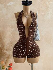 Soleia 女士度假亮片豹纹针织纹理深V露背性感连体衣，时尚修身连体裤，适合派对、约会、下午茶、波西米亚风海滩夏季装扮 - 棕色 - 查看 1