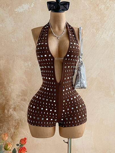 Soleia 女士度假亮片豹纹针织纹理深V露背性感连体衣，时尚修身连体裤，适合派对、约会、下午茶、波西米亚风海滩夏季装扮