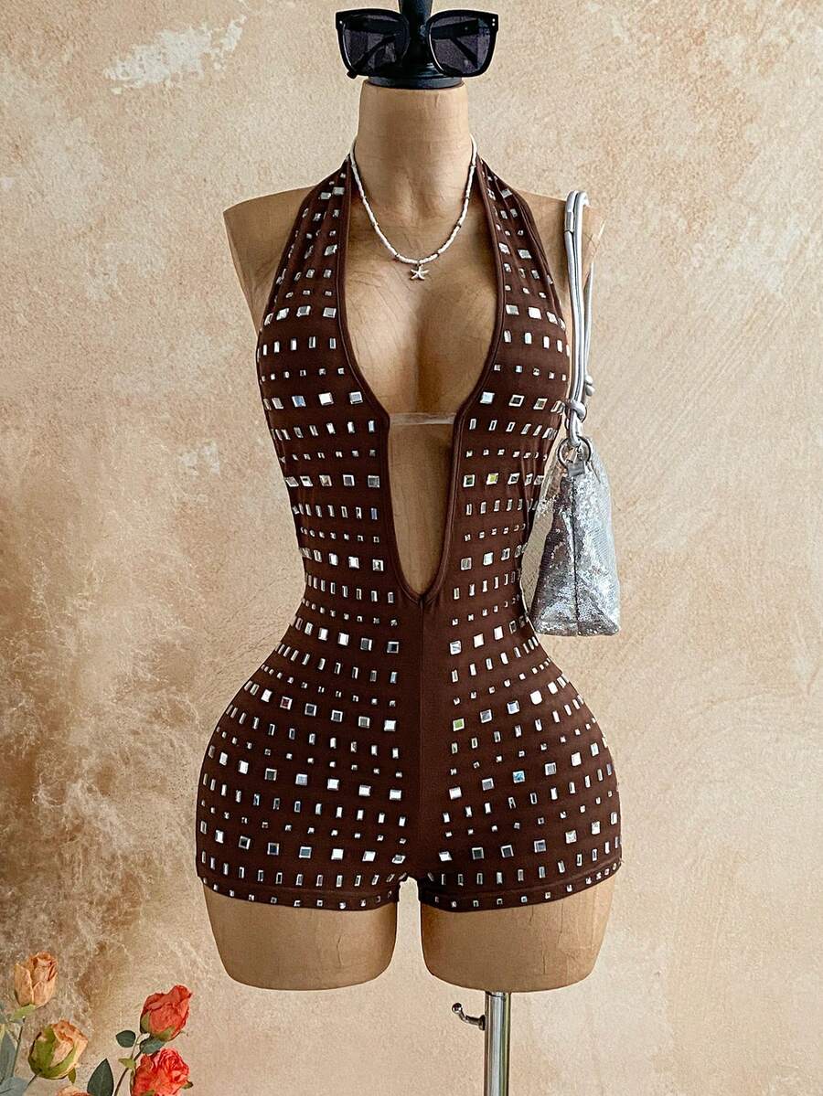 Soleia 女士度假亮片豹纹针织纹理深V露背性感连体衣，时尚修身连体裤，适合派对、约会、下午茶、波西米亚风海滩夏季装扮 - 棕色 - 查看 1