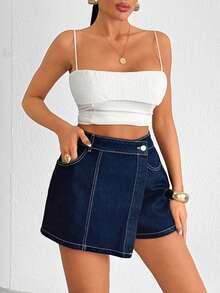 SHEIN High Rise Denim Mini Skort Dark Wash - Dark Wash - View 2