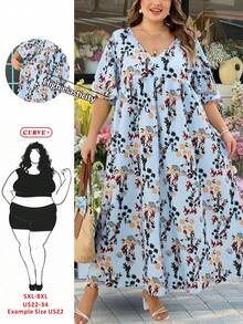 SHEIN CURVE+ Curve 尺码 US22 音乐节、海滨度假、波西米亚风印花休闲假日连衣裙 夏季/乡村/海滩度假装/海滩装/沙滩服饰 - 藍色 - 查看 5