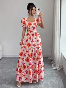 SHEIN Elenzya 优雅休闲度假风女式连衣裙。夏季印花面料，露背系带设计，优雅长裙。适合日常出行、工作通勤、约会、派对、度假、音乐节等多种场合。 - 彩色 - 查看 6