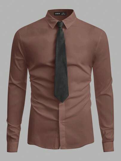 SWAVVY Loose Fit Men's Solid Color Button-Up Shirt With Tie