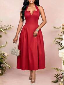 SHEIN Lady Vestito midi da donna con laccio al collo di colore rosso - Rosso - Visualizzare 4
