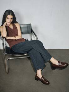 復古風格山茶花棕色柔軟皮革滑步便鞋 2024新款 圓頭厚底英式小皮鞋 - 棕色 - 查看 8