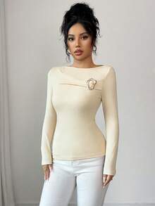 Elenzga T-shirt de mode ajusté à col rond, manches longues, avec décoration métallique, couleur unie pour femmes - Nude - Voir 3
