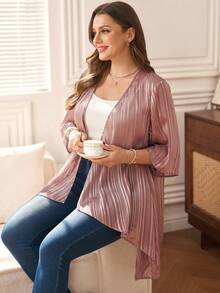 EMERY ROSE 大码优雅通勤不对称下摆条纹夹克，春夏款 - 藕粉色 - 查看 5