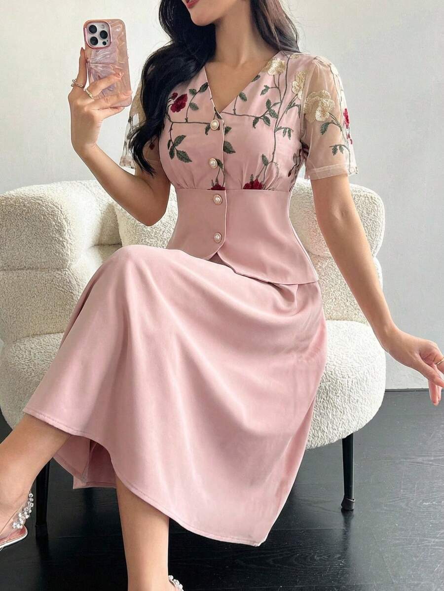 DAZY 女款優雅刺繡花卉拼接襯衫與裙子兩件套,春夏婚禮賓客女裙 - 粉色 - 查看 1