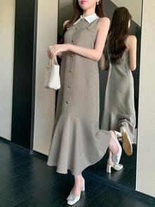 DAZY Women's Elegant Commuter Houndstooth Sleeveless Mid-Length Dress, Summer - Khaki - View 6