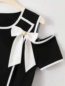 GlowEve New Arrival Spring/Summer Casual Elegant Vacation Beach Party Banquet Women Black & White Bow Pearl Shoulder Exposed Short Sleeve Blouse - Black and White - View 3