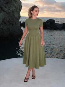 Turnttoni Black Herringbone Print Mid-Length Dress,Sun Dress - Army Green - View 6