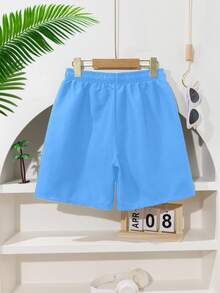 SHEIN Pantaloncini da bagno larghi con vita regolabile in vita, colore unico, adatti per ragazzi adolescenti. Pantaloncini da bagno leggeri blu chiari, pantaloncini da bagno per uomo, pantaloncini da bagno per ragazzi blu chiari - celeste - Visualizzare 2