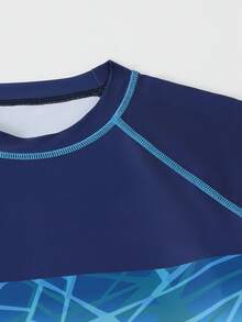 Teen Boys Swimwear, Casual Blue Geometric Knit Tankini With Long Sleeve And Swim Trunks, Fashionable Elegant Suitable For Swimming, Beach, Pool In Summer Teen Boy Swim Set Boy Swimsuit Set Long Sleeve Boys Beach Set Boys Rash Guard Set Teen Rash Guard Teen Boys Swim Shirt Boys Long Sleeve Swim Boys Rash Guard Top Teen Boy Beach Wear Boys Swim Rash Guard Teen Swimsuits Long Sleeve Teen Boy Swim Wear Boys Swim Trunks Long Sleeve Teen Swim Suits Teen Surf Clothes - Navy Blue - View 5