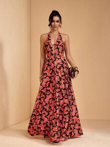 JIAN LASALA Vestido largo de verano casual para vacaciones con cuello halter, espalda descubierta y escote en V profundo sin mangas para mujer - Multicolor - Ver 1