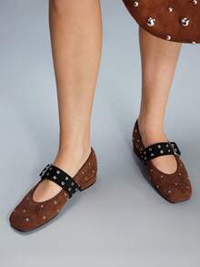 CUCCOO GRLICON Fashionable Studded Square Toe Mary Jane Shoes - Brown - View 5