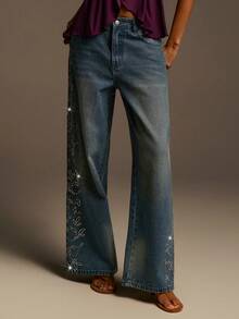 Athîral Women's Casual Daily Wear Of Wide Leg Jeans, Sparkling Jeans, Date And Party Outfits, Retro Street Outfits, Outdoor Outfits, Blue Jeans, Rhinestone Jeans, Music Festival Outfits - Medium Wash - View 6