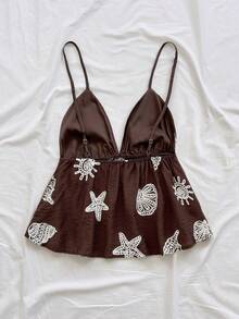 Soleia New Casual Sexy Vacation Shell Embroidered Spaghetti Strap A-Line Bohemian Camisole Golf White Summer - Brown - View 2