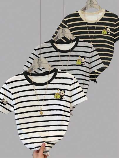 Resyla Women's Round Neck Striped Cartoon Print Casual Versatile Daily Wear Short Sleeve T-Shirt