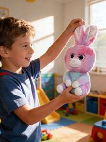 Juguete de peluche con forma de conejito rosa hecho de material de piel de conejo y piel sintética. Suave material de peluche corto. Muñeca de aguja rellena de fibra, un regalo perfecto para bebés. - Rosa - Ver 3