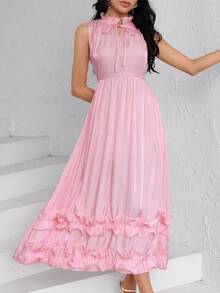 Modelyn Women's French Style Pink Satin Stand Collar Tie-Waist Double Ruffle Hem Sleeveless Dress - Pink - View 6