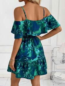 Clasi Vestido minielegante de mujer con estampado floral y hombros al descubierto, vestido casual cómodo para vacaciones y playa - Verde - Ver 2
