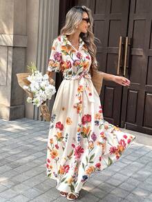 Selianne 女士优雅时尚通勤休闲舒适迷人复古简约高端浪漫假日衬衫领袖口翻折短袖腰部系带蝴蝶结腰带系腰A字下摆印花连衣裙（随机印花） - 杏色 - 查看 6