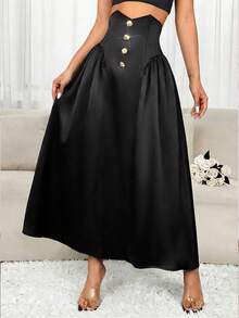 SHEIN Lady 女士纯色高腰纽扣设计口袋优雅半身裙 - 黑色 - 查看 5