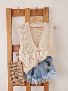 SHEIN LUNE Women's Solid Color Hollow Out Single-Breasted Vest Cardigan For Vacation - Apricot - View 3