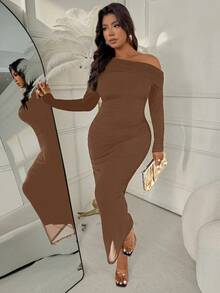 Femmeverse Asymmetrisches Schulterkleid in Große Größen, elegantes figurbetontes Cocktailkleid für reife Damen - Braun - Übersicht 6