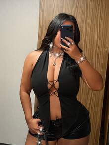 NU&NOW 大码女式性感交叉前开襟镂空露背无袖短款上衣，不对称下摆，适合休闲穿着；黑色夜店女式性感系带上衣；黑色Y2K风格吊带上衣 - 黑色 - 查看 7