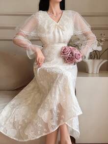 DAZY 女士优雅蕾丝拼接V领蝴蝶结中长连衣裙，春夏款 - 米色 - 查看 5