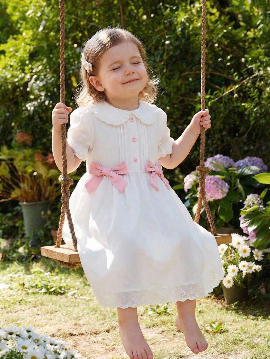 SHEIN Babygirl Cute Collegiate Style White Lace Bow Tie Collar Short Sleeve Dress - Multicolor - View 1