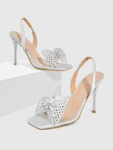 CUCCOO SZL Women's Rhinestone Bow Silver High Heel Sandals Square Toe Open-Toed Wedding Shoes Banquet Commuter Stiletto Shoes - Silver - View 2