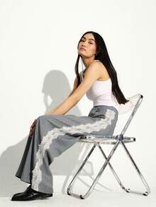 KSTM Striped Wide Leg Pants With White Lace Side Detail High Waisted Pinstripe Trousers Elegant Office Formal Palazzo Style Bottoms - Multicolor - View 7