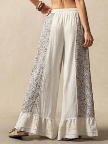 Bohemela Women's Casual Woven Print Patchwork Solid Color Loose Wide Leg Pants Vacations Women Summer For Women Holidays For Women White Pants Casual For Women Spring - Multicolor - View 6