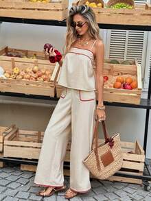 Selianne French Retro Style Women's Set, Strapless Camisole Top With Contrasting Ruffle Trim, Loose High Waist Pants With Pockets, Casual Vacation Wear For Summer - Apricot - View 6