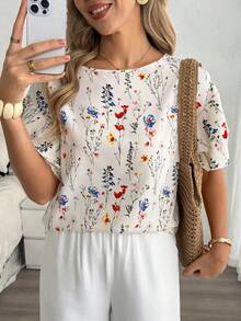 SHEIN LUNE Women's Floral Print Casual Versatile Daily Wear Short Sleeve T-Shirt - Apricot - View 6