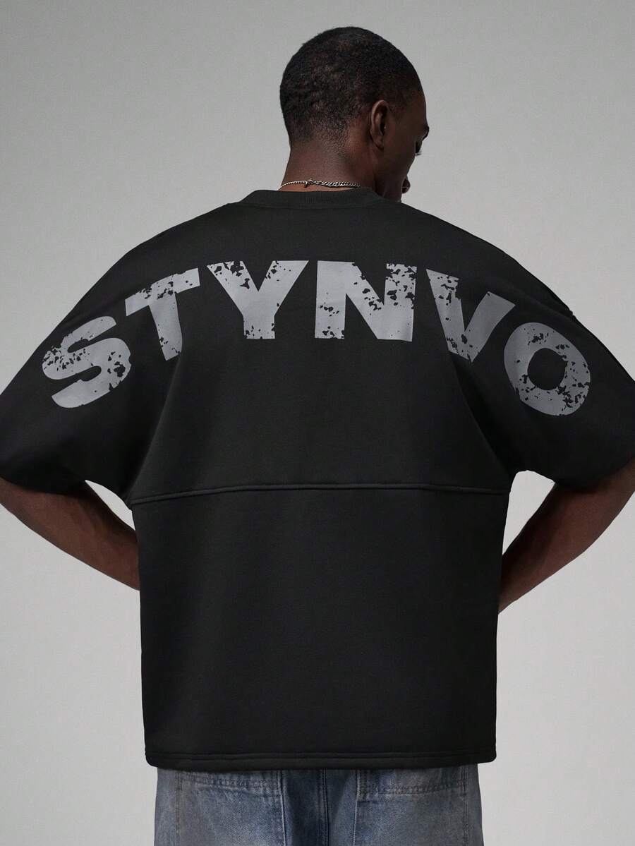 STYNVO 男士圆领短袖T恤，宽松蝙蝠袖，大号字母印花，黑色短袖T恤 - 黑色 - 查看 1