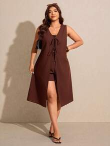 Elaquor Blusa feminina plus size de cor sólida, longa, sem mangas, com amarração frontal, marrom, ideal para férias em resorts. Conjunto de top e shorts marrom para praia, perfeito para quem busca um look de verão. - Castanho Café - Ver 5