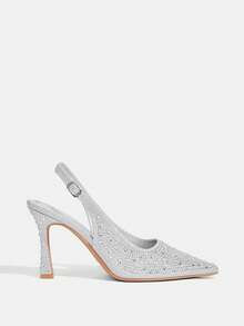CUCCOO TILAWA 女士尖头细跟银色水钻性感时尚华丽后跟提拉鞋，搭配裙子，适合宴会、派对、夜店等场合，女士高跟鞋 - 銀色 - 查看 2