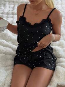 CottageSlumber Bộ đồ ngủ nữ, vải dệt kim gân, họa tiết trái tim viền ren tương phản, bộ đồ ngủ hai mảnh lãng mạn ngọt ngào dễ thương gợi cảm gồm áo hai dây và quần short, bộ đồ ngủ babydoll hai mảnh, bộ đồ ngủ gợi cảm, bộ đồ ngủ liền thân cho nữ, bộ đồ ngủ hai mảnh, bộ đồ ngủ chấm bi cho nữ, bộ đồ ngủ ngắn, bộ đồ ngủ hai mảnh mùa hè cho nữ, bộ đồ ngủ ngắn chấm bi cho nữ, bộ đồ ngủ ngắn cho nữ, bộ đồ mặc nhà mùa hè hai mảnh cho nữ. - màu đen - Xem 3