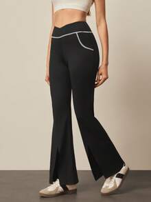 SHEIN With My Calm Women's Contrast Stitching Split Hem Sports Pants - Black - View 3