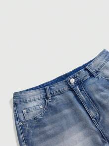 ROMWE Grunge Punk Quần short denim mini cỡ lớn in hình cánh, dây chuyền, thánh giá và ngôi sao phong cách Y2K cổ điển. - Màu xanh lam - Xem 4