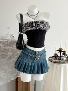 Elamini 女士休闲百褶牛仔裙，带孔眼扣设计 - 藍色 - 查看 5